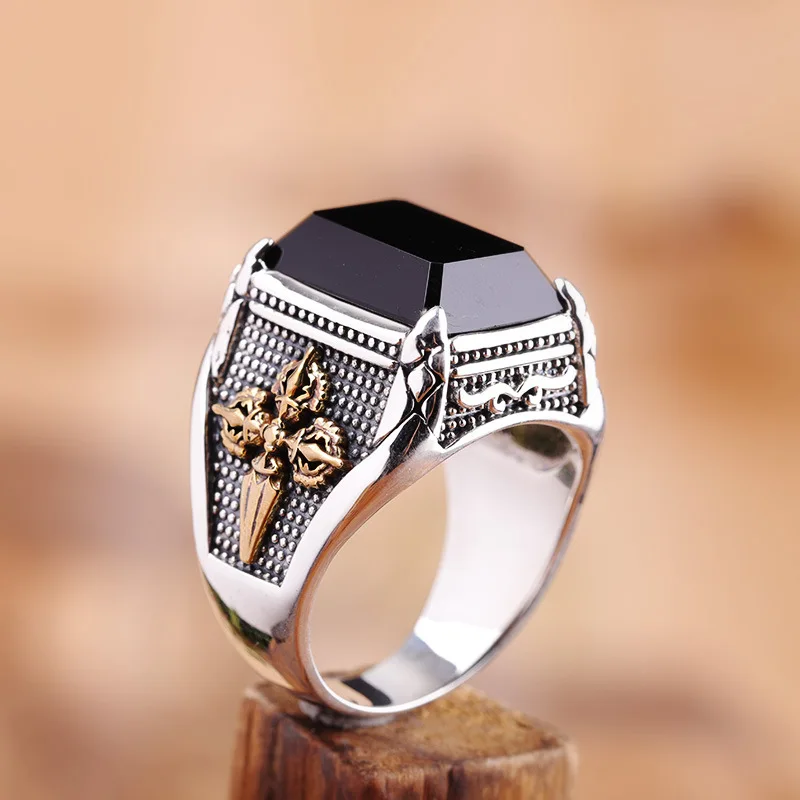 BOCAI  Silver Man Ring New S925 Pure Silver Jewelry Personality Black Agate Good luck Ring For Man