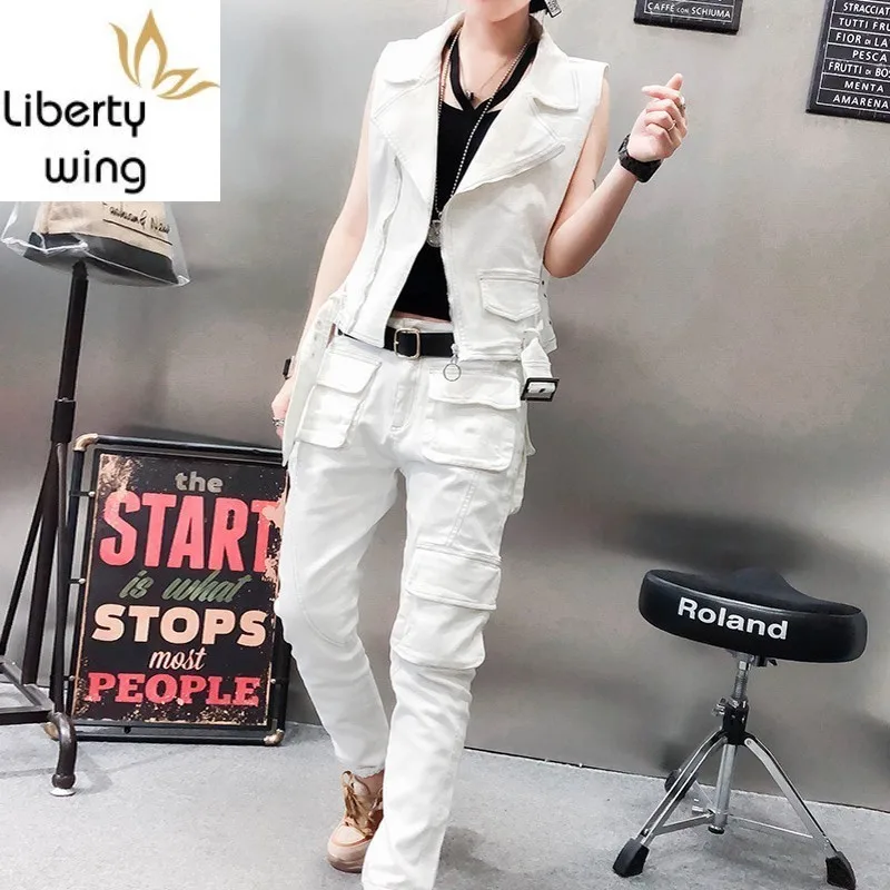 Women Streetwear Slim Fit White Denim Vest & Multi Pockets Harem Jeans Two Piece Set Fashion Zipper Sleeveless Jacket 2XL