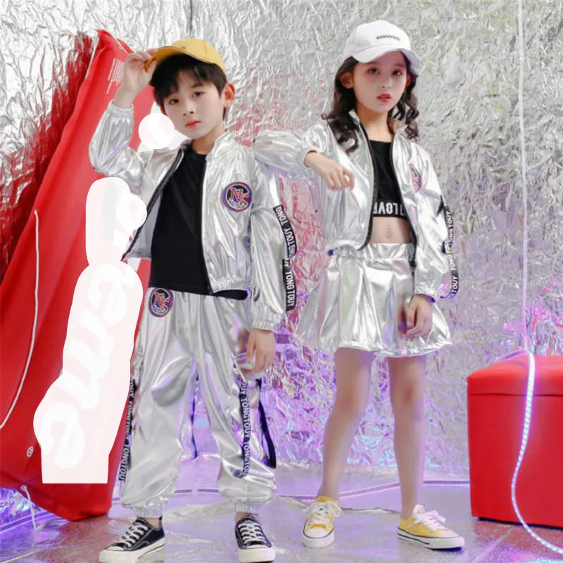 Silver Hip Hop Clothing T Shirt Jacket Tops For Child Girls Boys Jazz Dance Costumes Wear Ballroom Dancing Clothes Outfits Kids