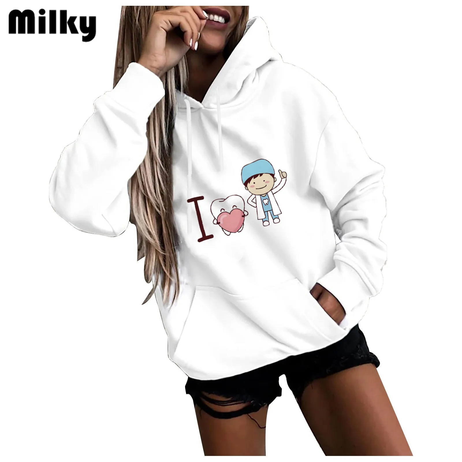 Cartoons printing aesthetic women hoodie Harajuku 90s Crewneck Hoodies pattern funny tooth dentist women's Oversized Sweatshirts