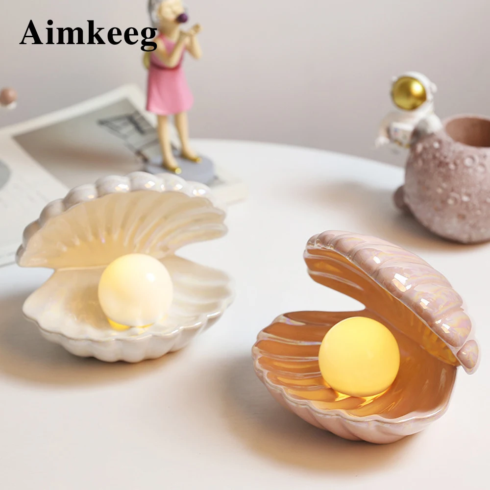 Led Room Decor Night Light Ceramic Pearl Lamp Jewelry Storage European Cute Shell Style for Kids Bedroom Decoration Bedside Lamp