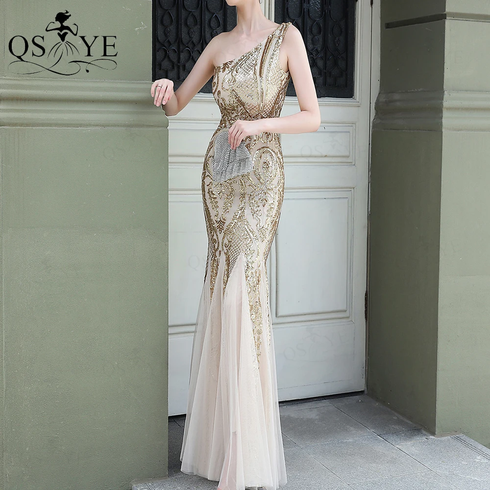 Goud Avondjurken Mermaid Een Schouder Goedkope Avondjurk Glitter Elegante Lange Party Dress Golden Sequin Formele Gown Tulle