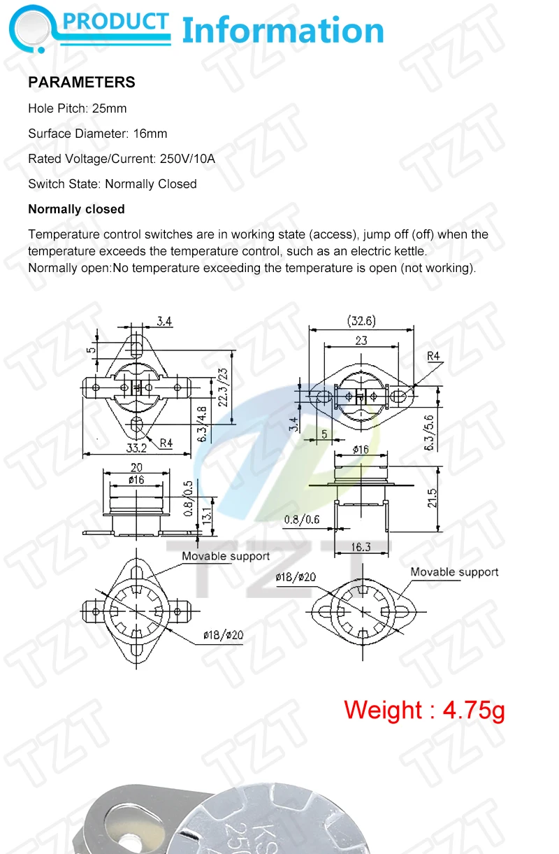 TZT 1/3PCS KSD301 250V 10A normalerweise geschlossener NC-Thermostat Temperaturschalter DegC 40C-135C für Arduino – Detail 1