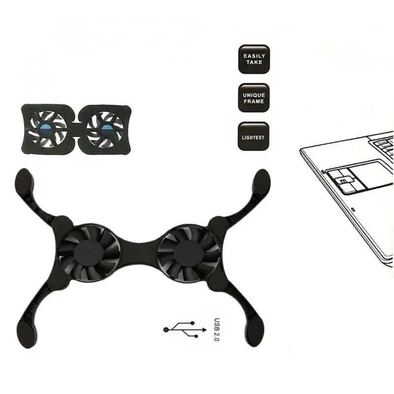 Ventilador USB Dobrável, CPU Cooler, Fãs Duplos, Mini Octopus Notebook Cooler, Em estoque, 7-15 "Laptop, 1Pc