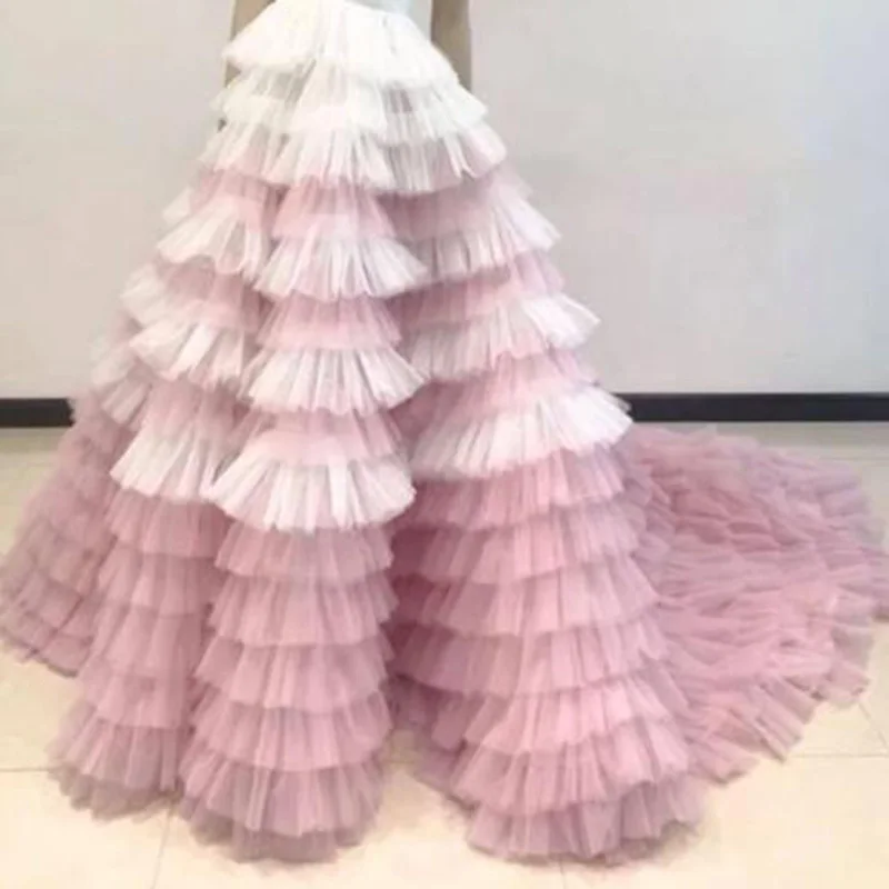 

Pretty White and Pink Ruffled Tiered Puffy Tulle Long Skirts Women Zipper Style Real Image Long Tutu Bridal Skirt Custom Made