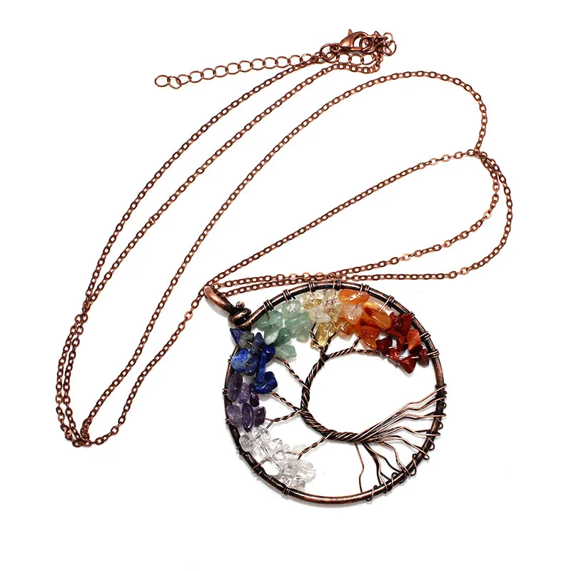 7 Chakra Stone Healing Crystal Big Tree of Life Wire Wrapped Natural Pendant Necklace Bronze