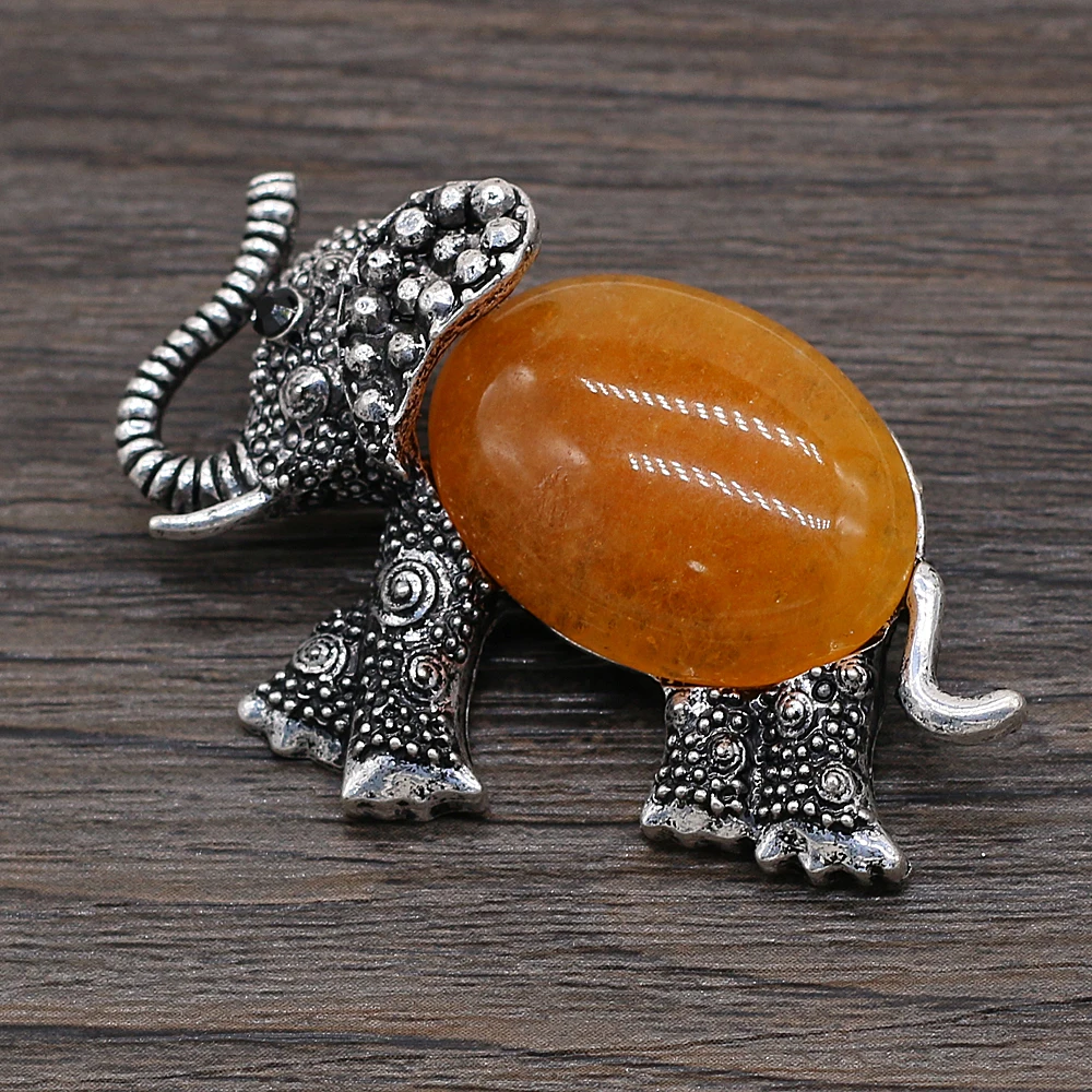 Hot Sale Natural Gem Stone Crystal Brooch Lucky Elephant Antique Abalone Shell Pins for DIY Charms Necklace Making Jewelry Gift