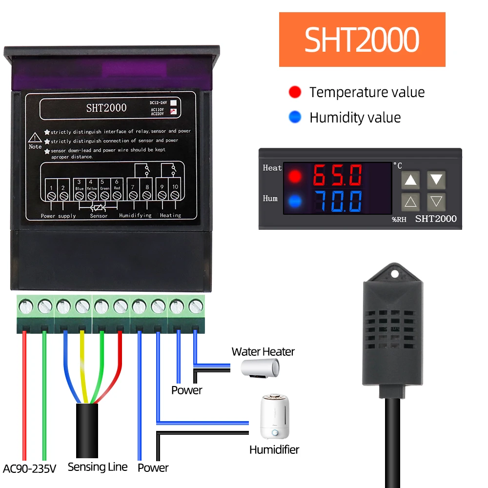 SHT2000 DC 12V 24V AC 220V Temperature Humidity Controller Home Fridge Incubator Thermostat Humidistat Thermometer Hygrometer