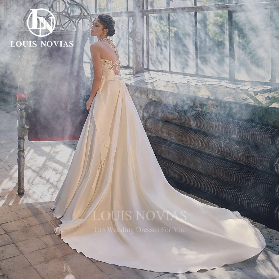 LOUIS NOVIAS A-Line Wedding Dress 2022 Strapless Backless Exquisite Beaded Flowers Detachable Puff Sleeve Satin Bridal Gown