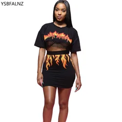 Summer 2 Piece Set Women Fire Flame Print Back See Through Sexy Mesh Crop Top Mini Skirt Club Outfit Two Piece Matching Sets New