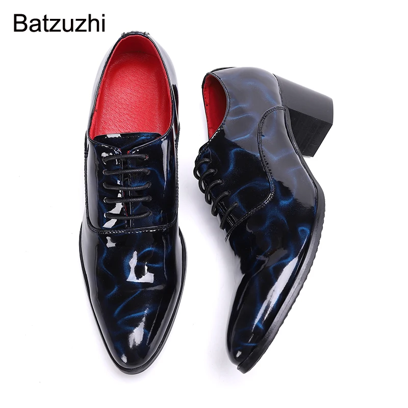 Batzuzhi Japanse Type Herenschoenen Puntschoen Blauw/Rood Lederen Jurk Shes Heren Veterschoenen Formeel Zakelijk, Feest- en Bruiloftsschoenen