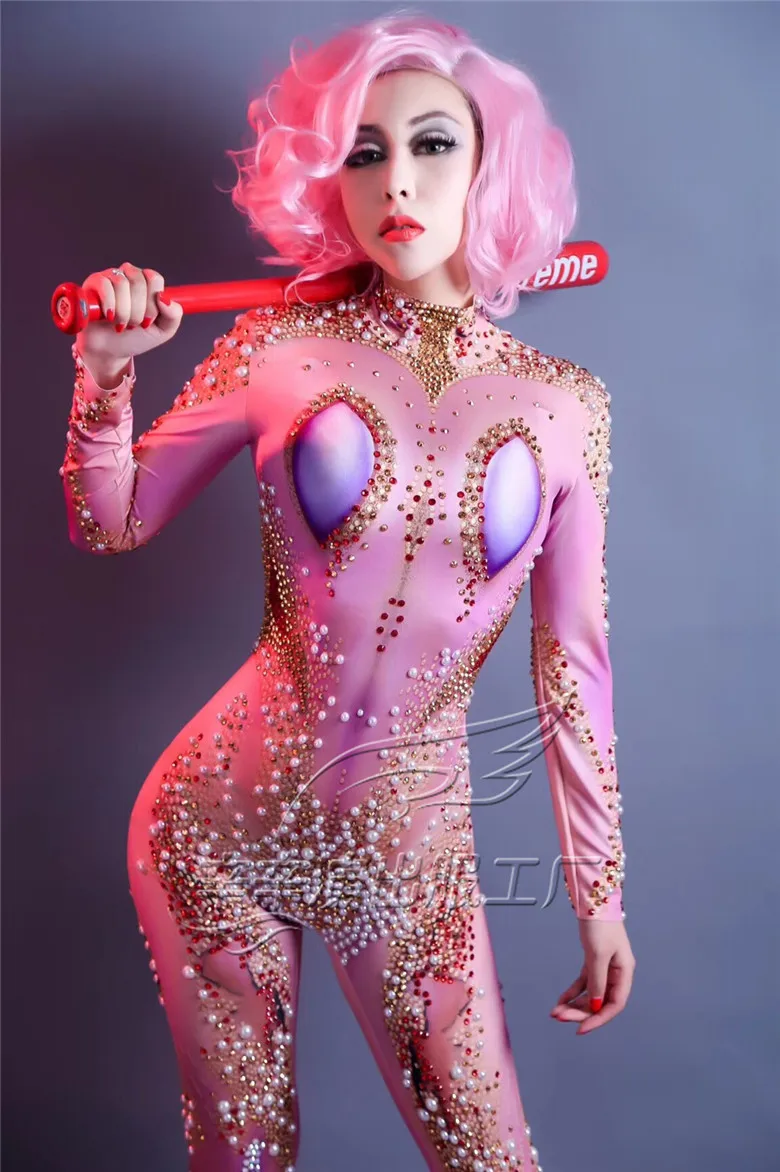 

Women Pink Pearls Shiny Rhinestone Jumpsuit Sexy Stretch Beads Rompers Prom Party Luxurious Stage Outfit Nightclub Show Costume