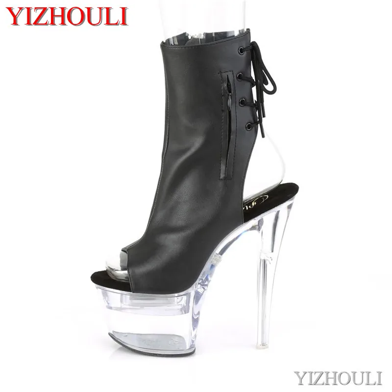 17 cm transparent stiletto heels, sexy 7 inch ankle boots, PU vamp party club, pole dancing shoes