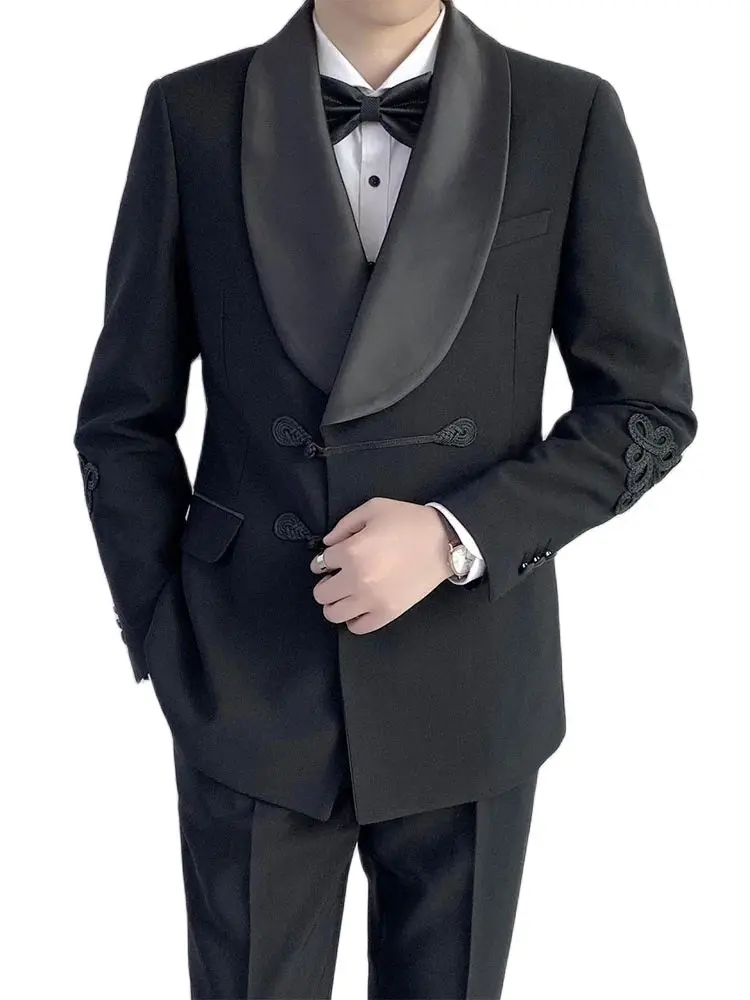 

Fashion Design 2pcs Black Coat Man Suit Groom Men Wedding Tuxedo Custom Made(Jacket+Pants)Men's Prom Party Suits Blazer Trousers