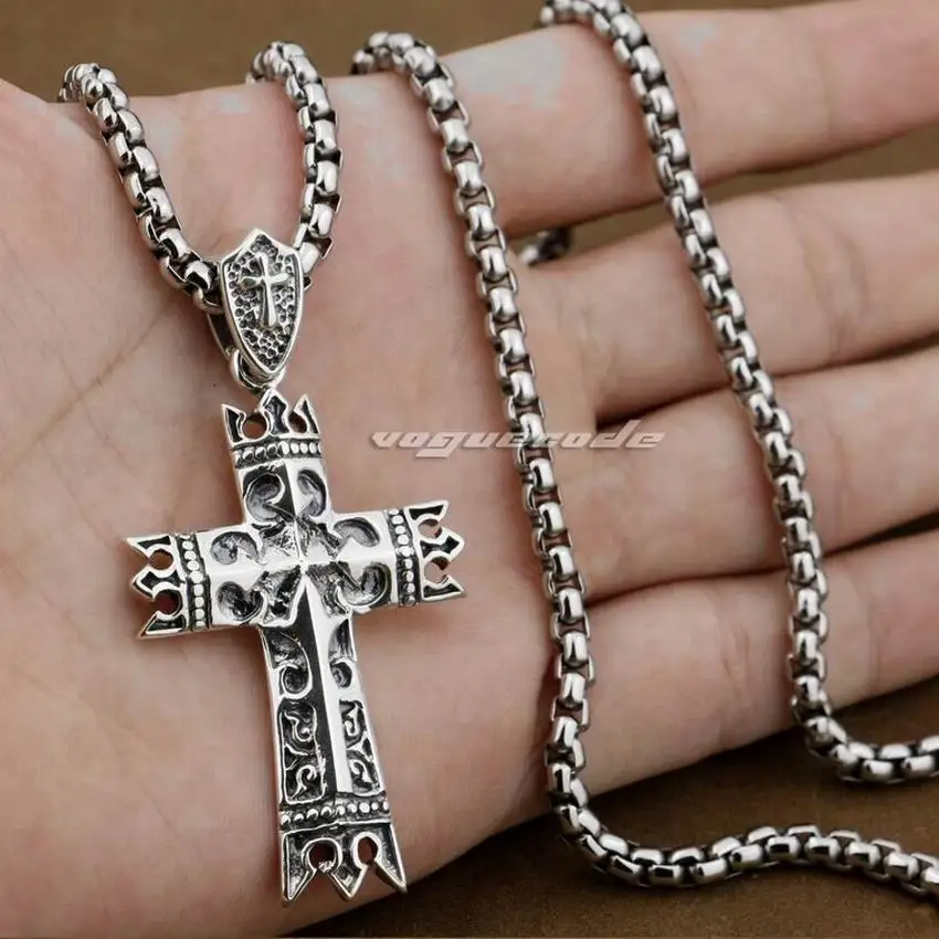 925 Sterling Silver King Crown Knight Cross Solid Mens Biker Rock Punk Pendant 8A005