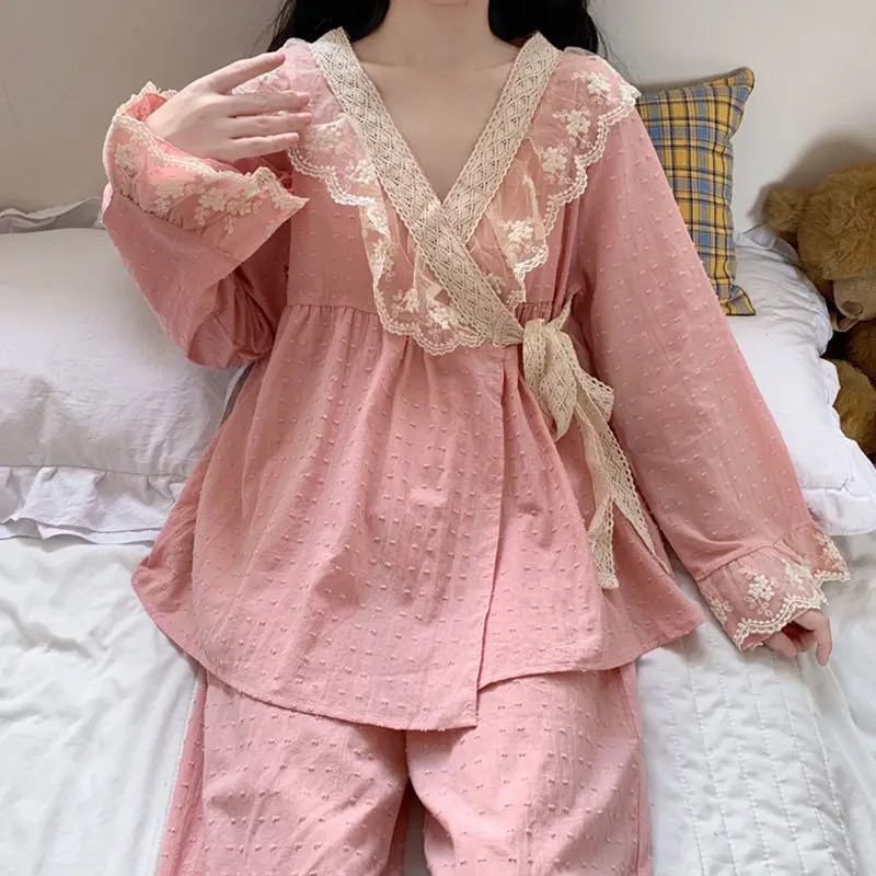 Fairy V-neck Lace Spring Pajama Sets Women Sashes Kimono Designed Loose Elegant Tender Stylish Chic Japan Sleepwear Lounge Ins