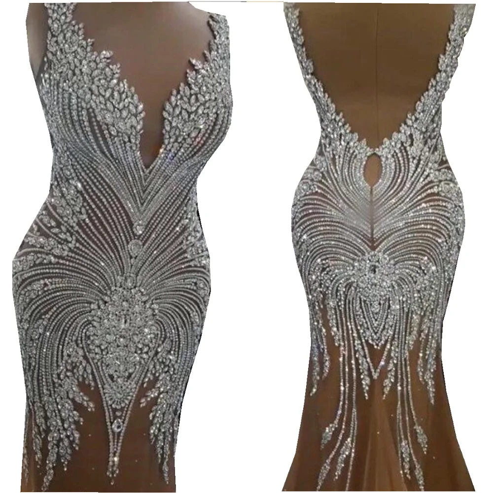 Handmade bodice rhinestones applique silver sew on full body trim patches for wedding dress