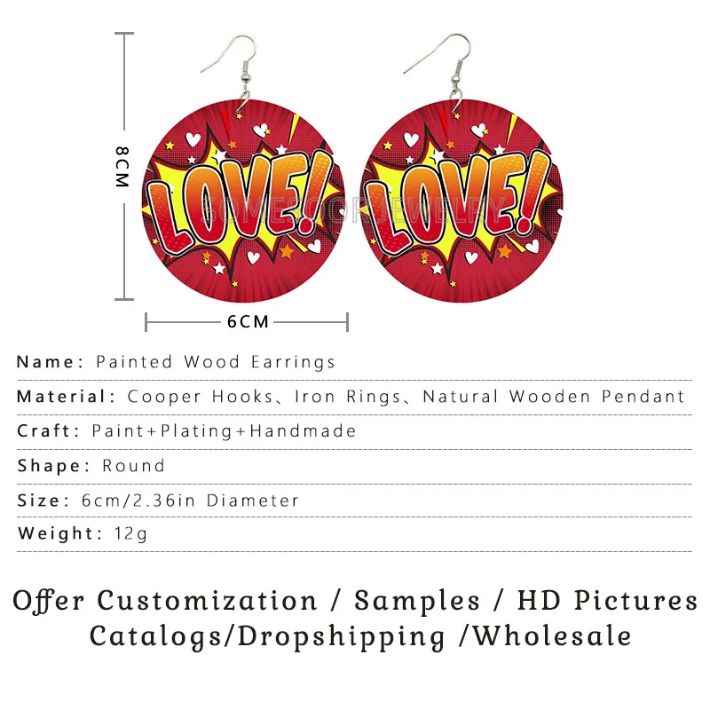 SOMESOOR POP LOL WOW Comic Bubble Printed Wood Drop Earrings Cool Queen Hiphop Cartoon Designs Dangle Jewelry For Women Gifts