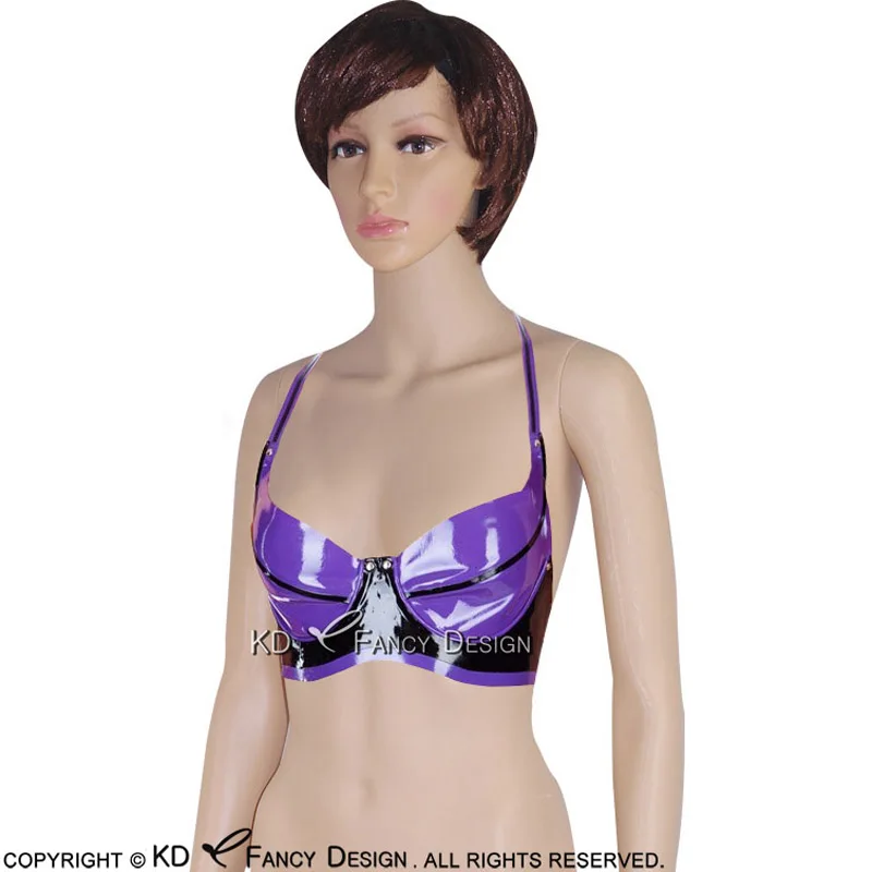 

Purple And Black Sexy Latex Bra With Rivet Buttons At Back Rubber Lingerie Brassieres 0016