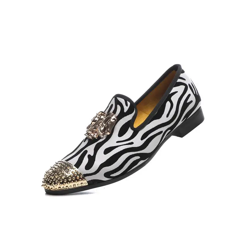 Men Wedding Shoes Gold Horse Buckle And Zebra Print Leather Loafers Fashionable Nightclub Party Shoes