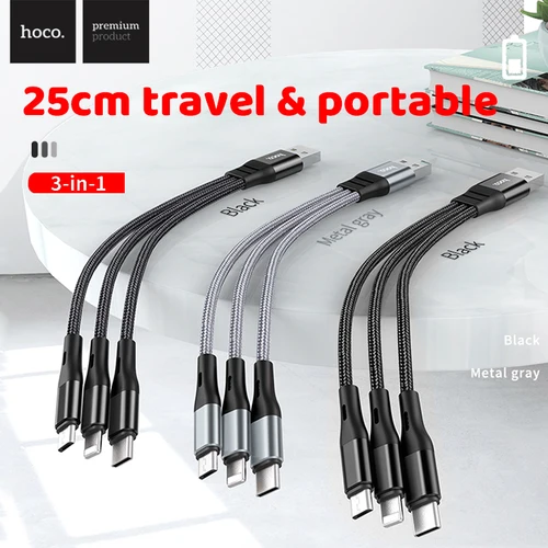 HOCO 25cm 1m 짧은 충전 3 in 1 USB 케이블 화웨이 용 iPhone 13 12 11 Pro 고속 충전 마이크로 USB Type C 케이블 