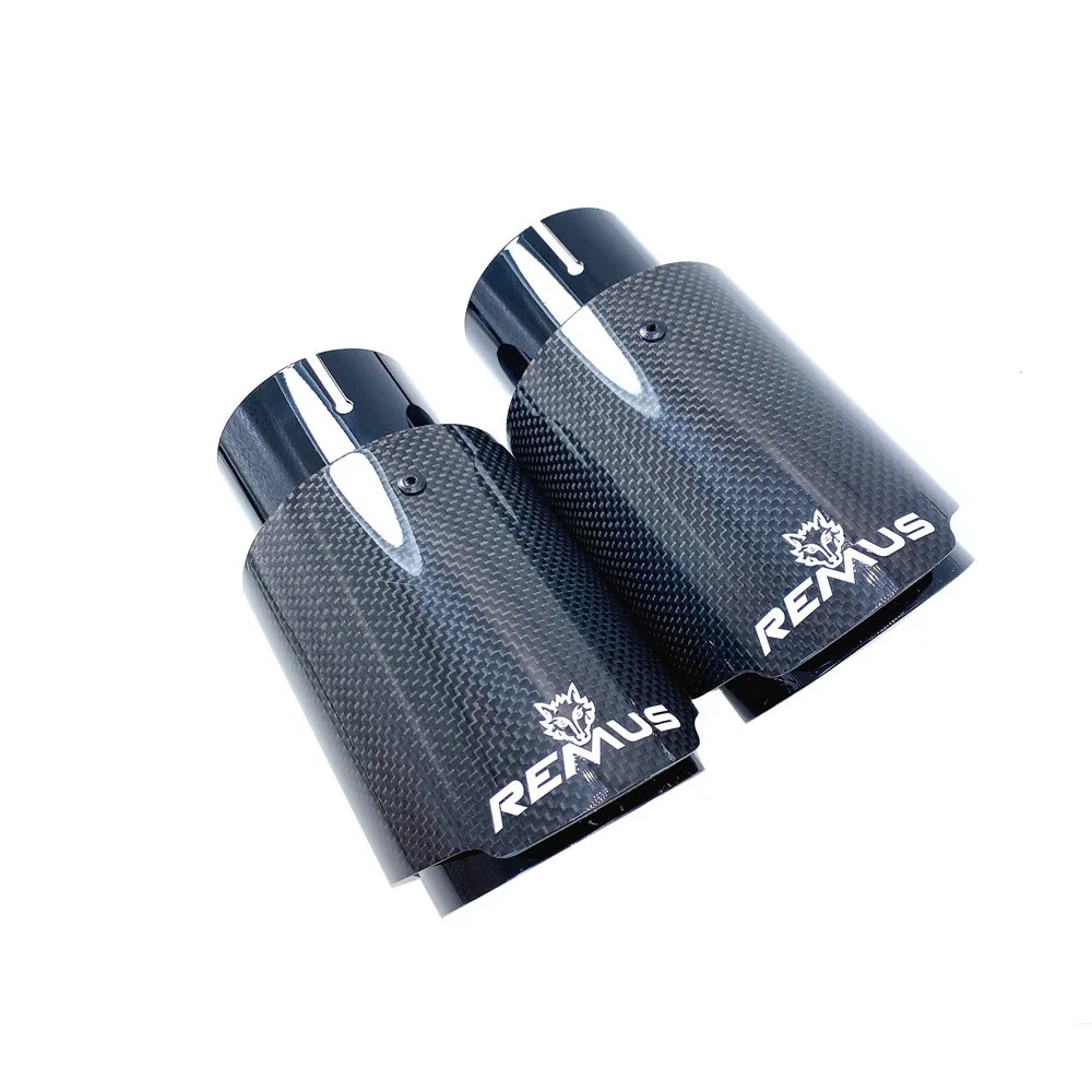 Car Universal Modiflcation Stainless Steel Single Exhaust Pipe Full Carbon Remus Logo Glossy Black Cover Muffler Tip For Any Car