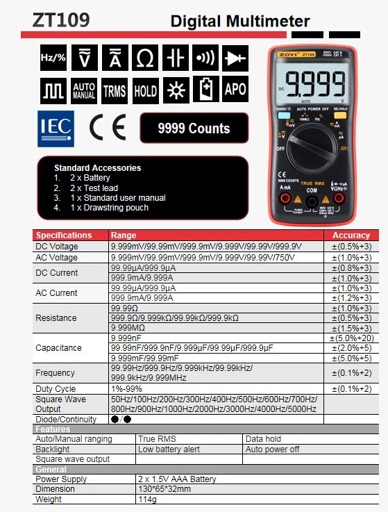 Zoyi zt109/111 digitaler Multimeter-Transistor tester Kondensator True-RMS-Tester Kfz-Temperatur diode für elektrische Kapazitäts messer – Detail 1