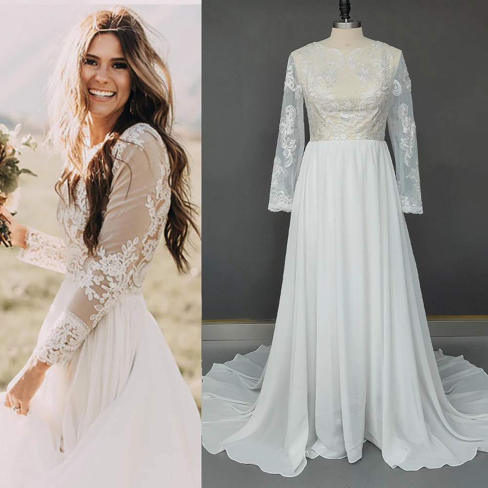 Robe de mariée en mousseline de soie, manches longues ajustées, col Bateau, rustique, Boho, Floral, dentelle, plage, ligne A, grandes tailles