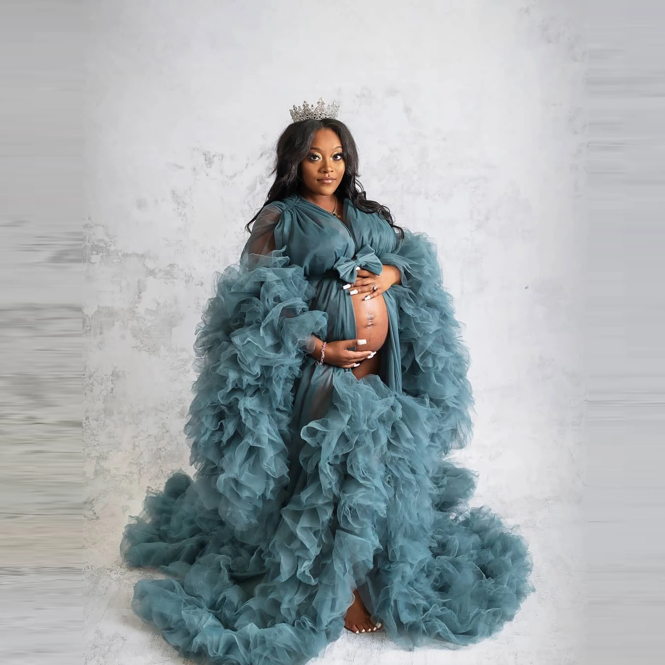 Ruffles Navy Tulle Kimono Women Dresses Robe for Photoshoot Extra Puffy Sleeves Prom Gowns African Cape Cloak Maternity Dress