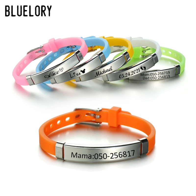 

Bluelory Personalize Kids Baby ID Bracelets Soft Silicone Rudder Stainless Steel Child Girls Boys Custom Emergency Name Phone