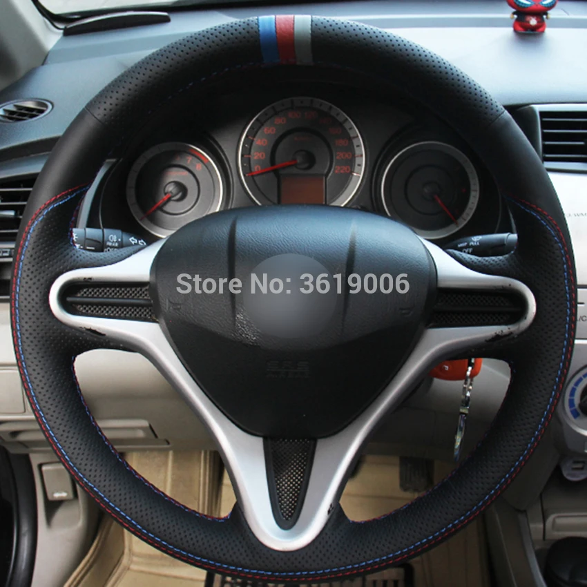 For Honda Fit 2009-2013 City Hand-stitched Anti-Slip Black Leather Blue Red Gray Marker DIY Steering Wheel Cover