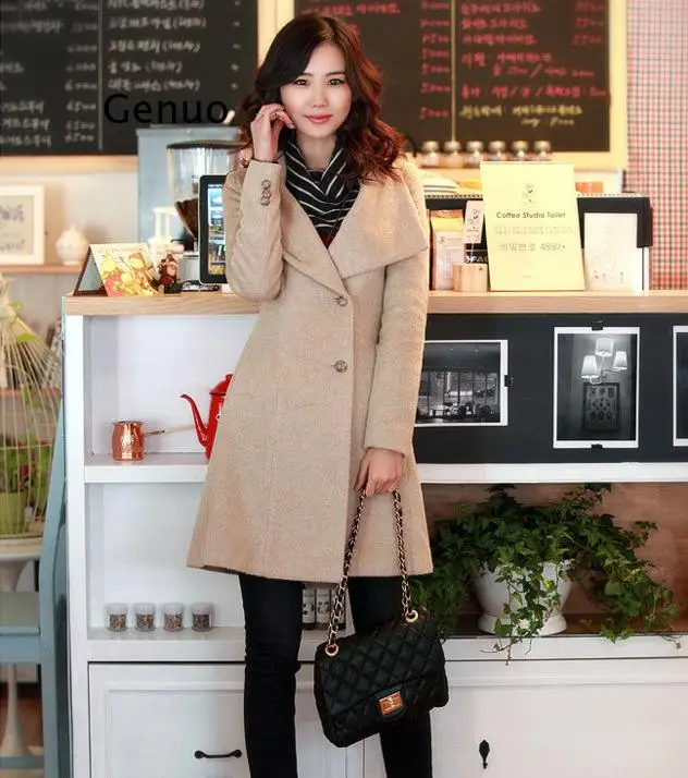 

Autumn Winter New Korean Wool Women Coat Slim Long Sleeve Warm Women Coats Wool Blends Solid High Quality Long Coat Grey Black