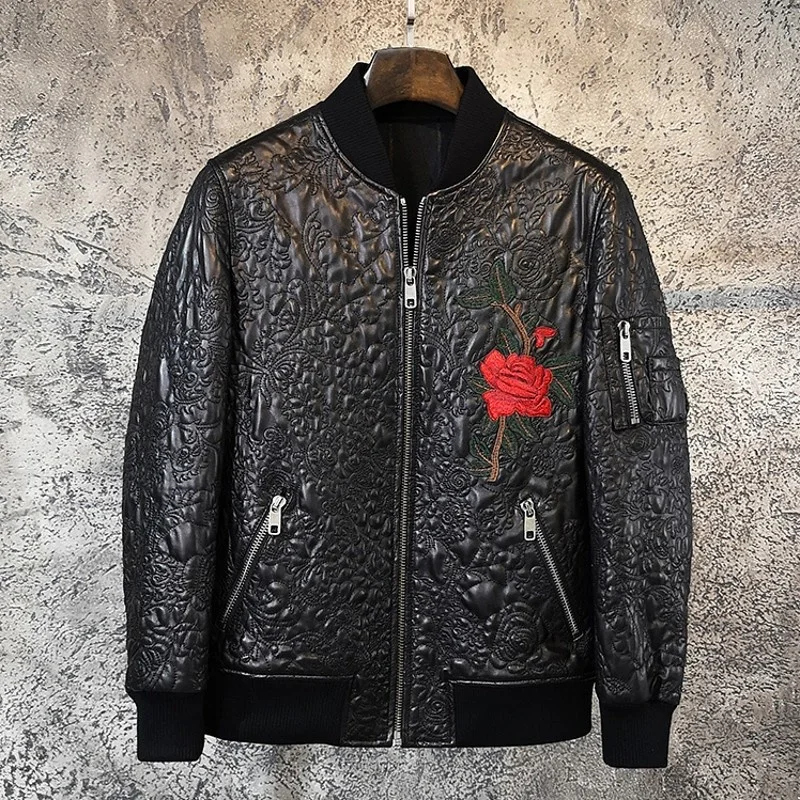 Mens Fashion Casual Short Wide-Waisted Spliced Embroidery Genuine Leather Jackets O-Neck Zippers Pockets Sheepskin Coat