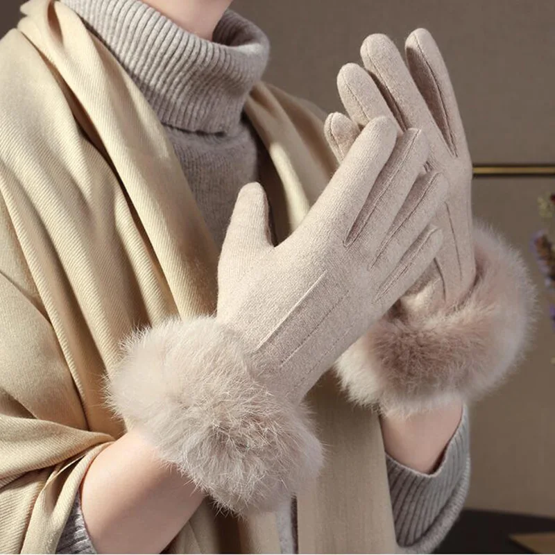 Rabbit Fur Gloves Female Winter Velvet Thicken Warm Mittens Cashmere Full Finger Embroidery Wool Touch Screen Driving Gloves H65