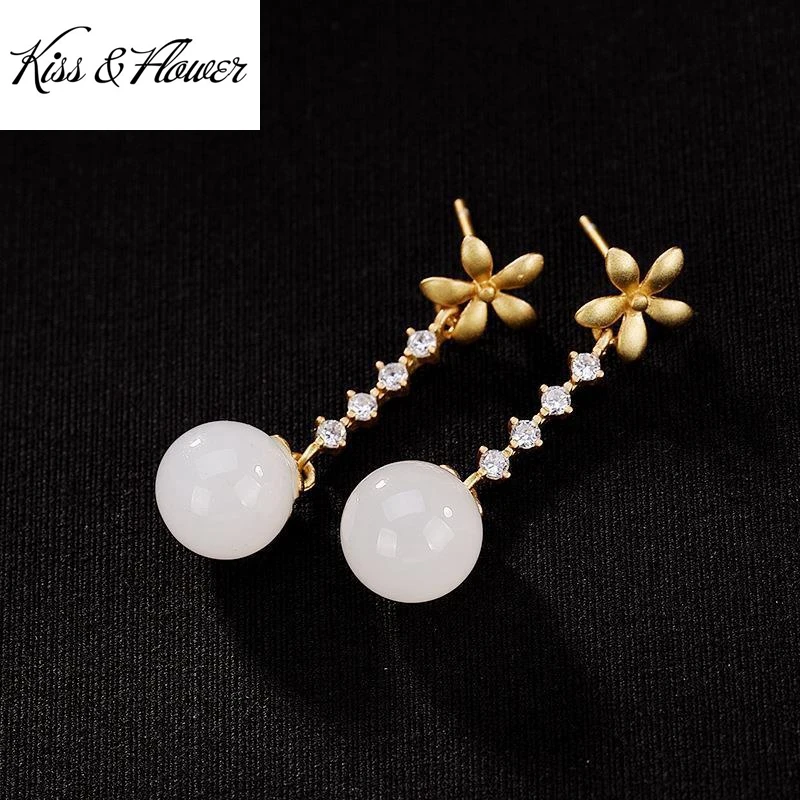 

KISS&FLOWER ER407 Fine Jewelry Wholesale Fashion Woman Girl Bride Mother Birthday Wedding Gift Bead Jade 24KT Gold Stud Earrings