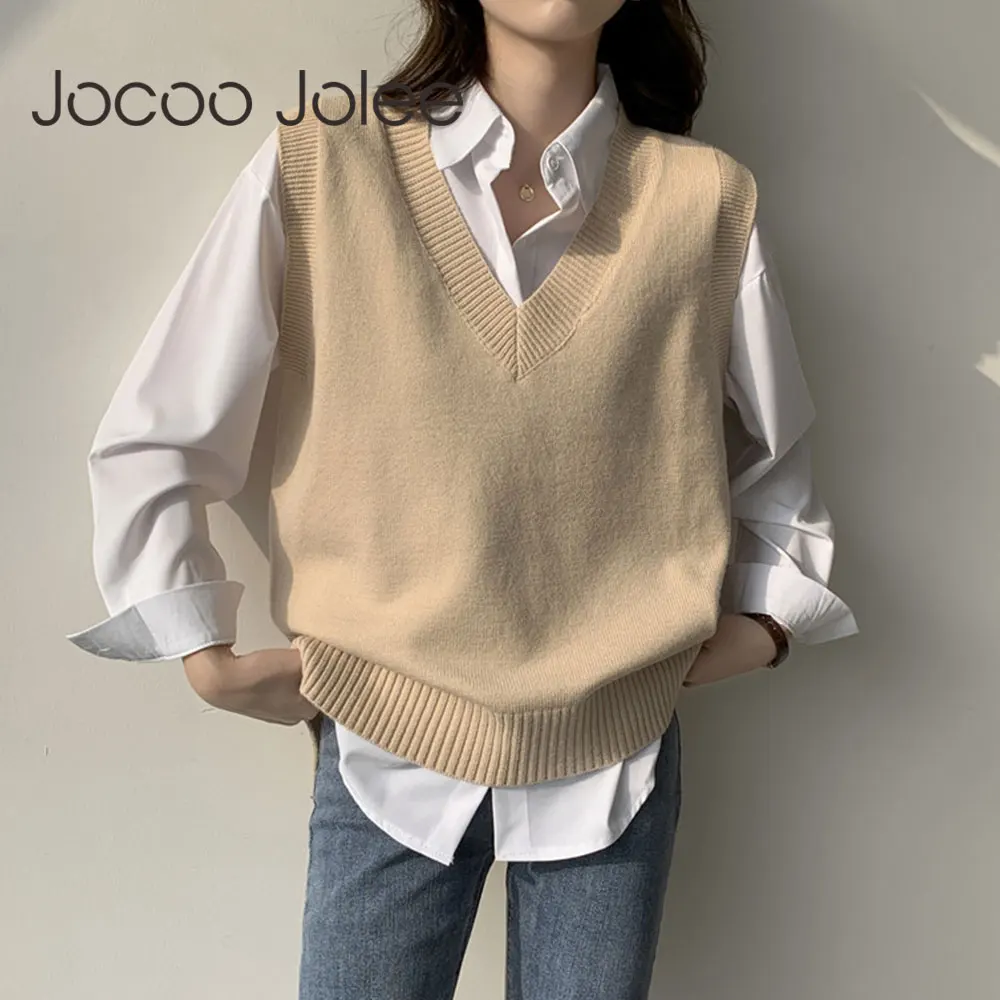 

Korean Fashion Sweater Vest Women V Neck Solid Sleeveless Waistcoat Elegant Harajuku Loose Knitted Pullover Chic Preppy Jumpers