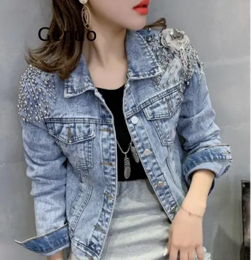 

Street retro stitching jacket female autumn and winter new casual short long-sleeved cotton slim blue denim jacket