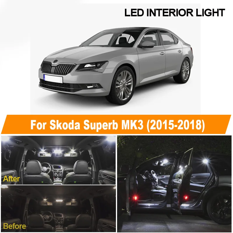 23Pcs White Canbus LED Lamp Interior Dome Map Lights Bulb Kit For Skoda Superb MK 3 MKIII Sedan 2015-2018 License Plate Light