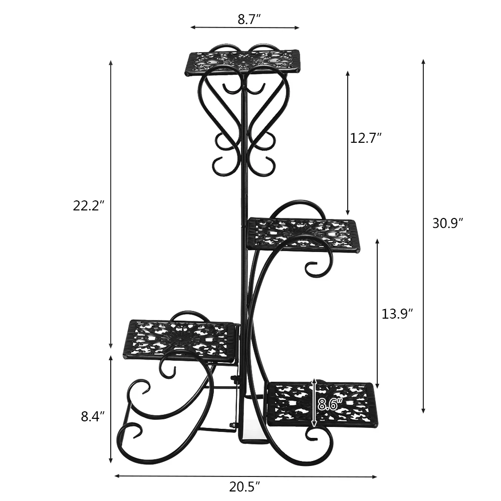 Artisasset One Set Black Paint 32.3 Inches High 4 Square Patterned Potted Plants Stand Flower Rack[US-Stock]