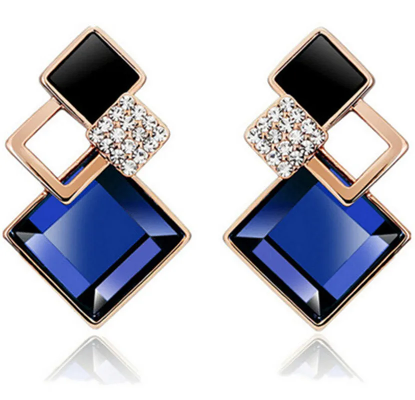 New Fashion Big Geometric Blue Earrings Austria Crystal Earrings Rectangular Crystal Earrings Blue Champagne Women's High Jewelr