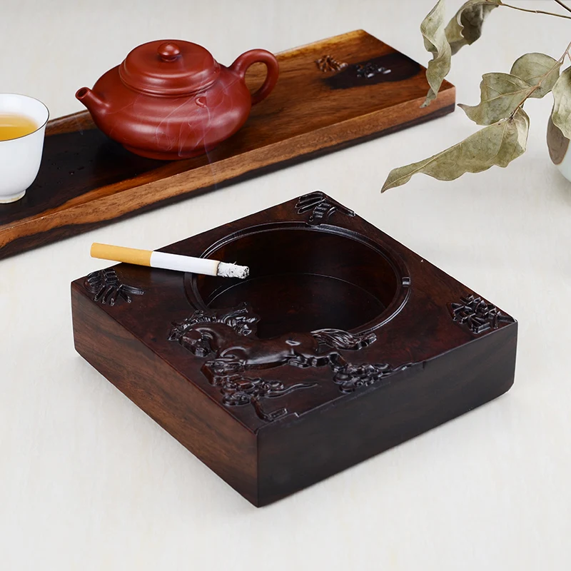 High-end Chinese Ebony Ashtray with Lid Have a slot out smoke Large Creative Wood Living Room Gift Office Q-210