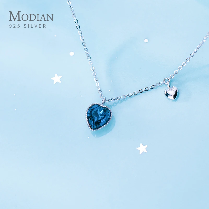 Modian Deep Blue Crystal Romantic Hearts Authentic 925 Sterling Silver Pendant Necklace for Women Fine Jewelry Girlfriends Gift