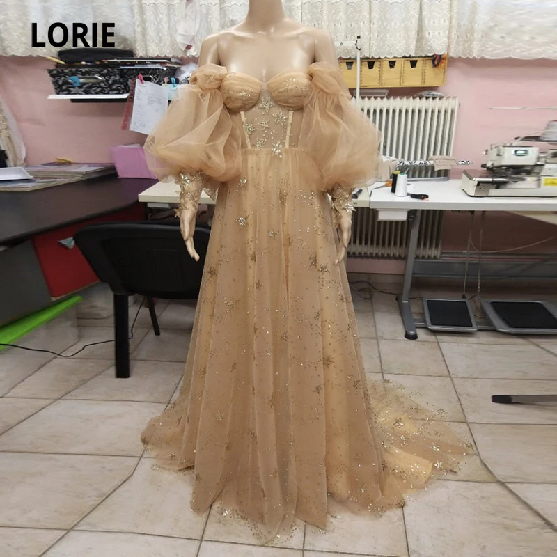 LORIE Gold Stars Prom Dresses Puff Sleeves off Shoulder A-Line Long Arabic Evening Gown Corset Celebrity Party Dress 2021