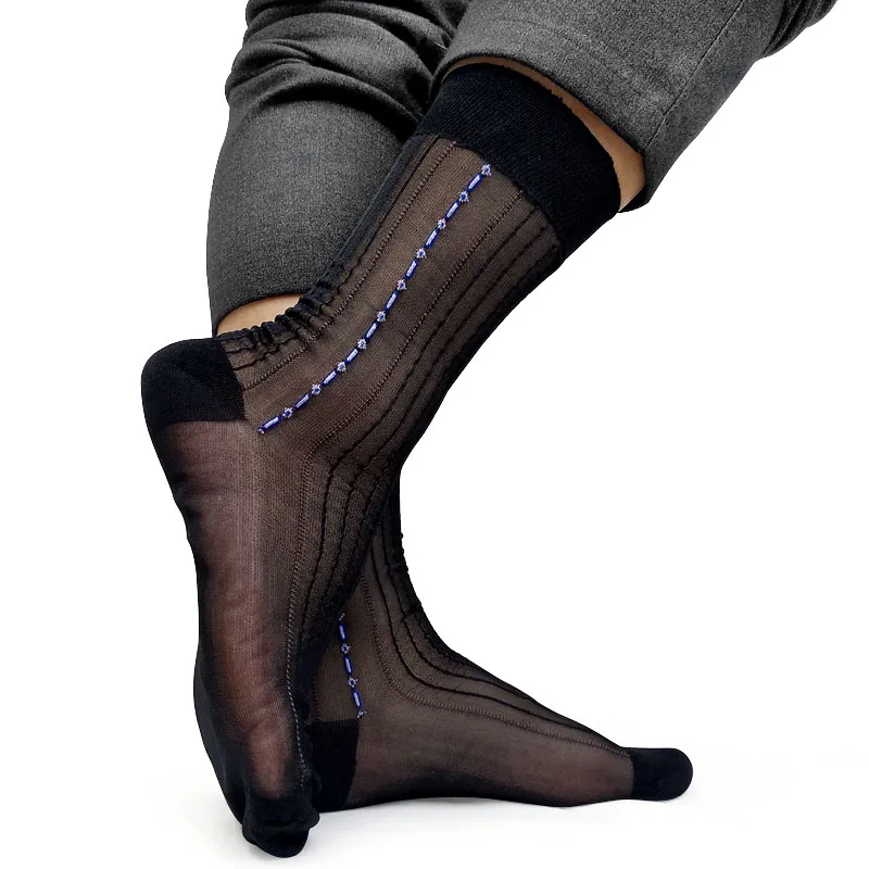 Thin sheer Nylon Silk Socks for Business Men Striped Fetish Sexy See Through Male Dress suit socks Business Wedding Formal Sox