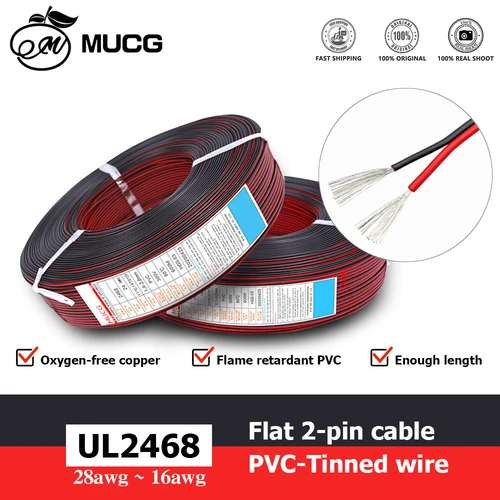 Cable plano eléctrico para coche, cable de 2 pines, rojo, negro, 5v, 12v, 24v, led, 18awg, 16awg, 18, 20, 24, 26, 28 awg