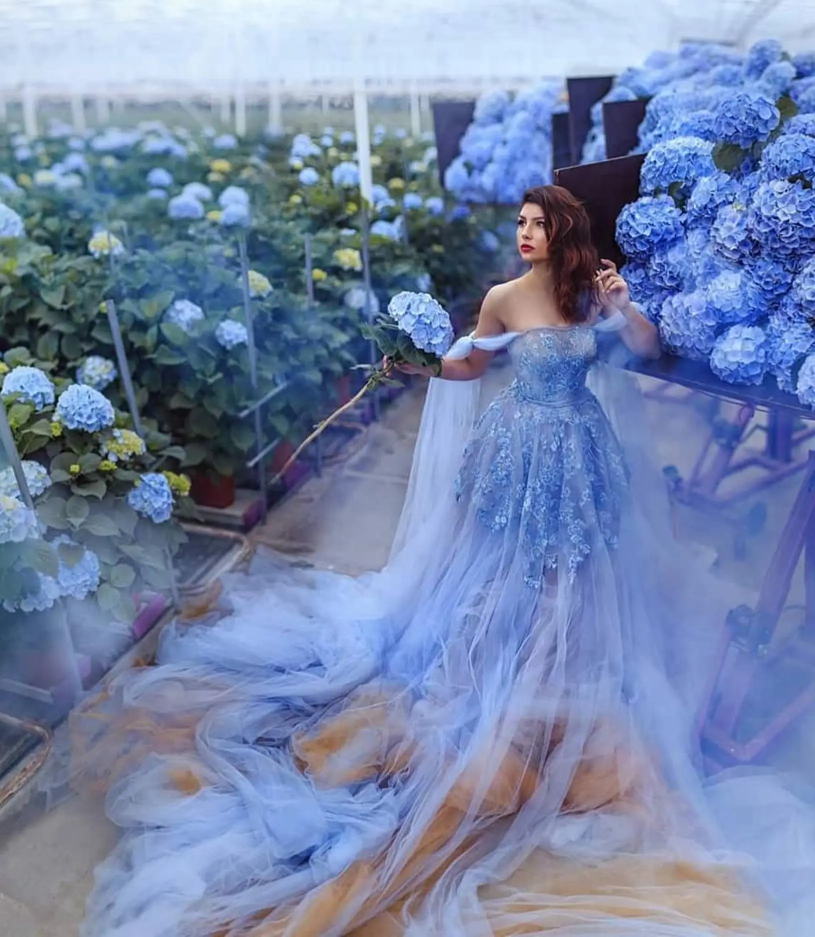 Vestido em camadas de tule, vestido floral aplique em qualquer cor, vestido longo de noite feminino, vestido fotográfico inchado