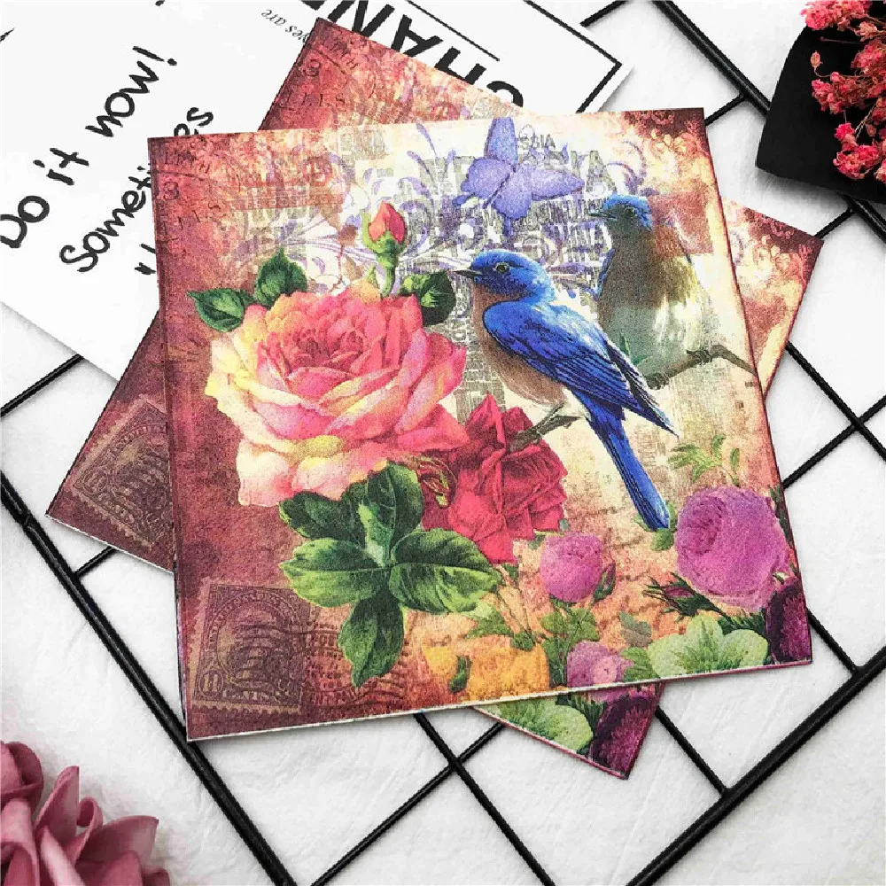 

33*33cm 20pcs/lot Bird Flowers Vintage Servilletas Decoupage Paper Napkins Birthday Wedding Party Decoration Elegant Towels