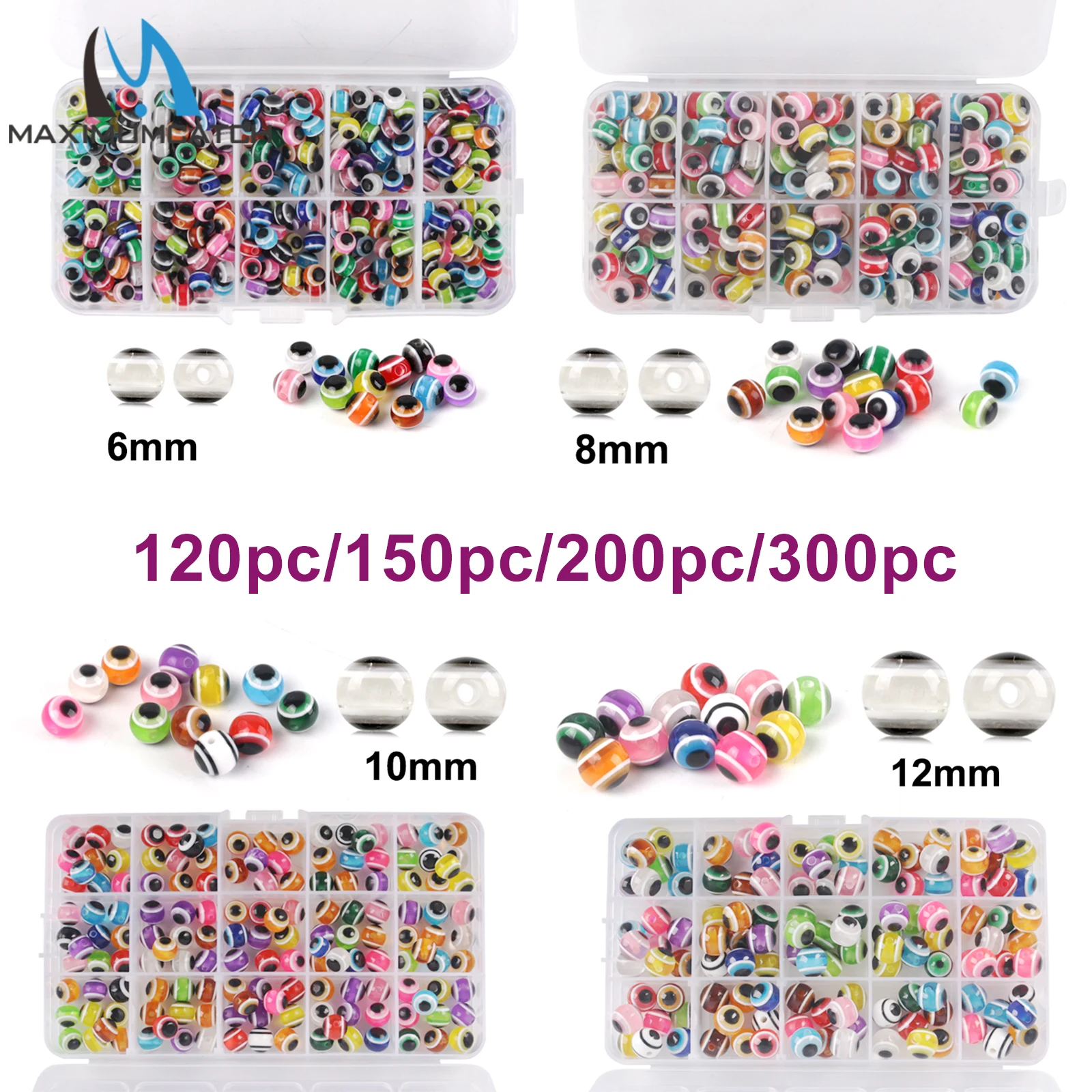 Maximumcatch Fishing Eye Beads with Plastic Box, Assorted Mixed Color, Fishing Line Beads, 6mm/8mm/10mm/12mm, 120pc-300pc