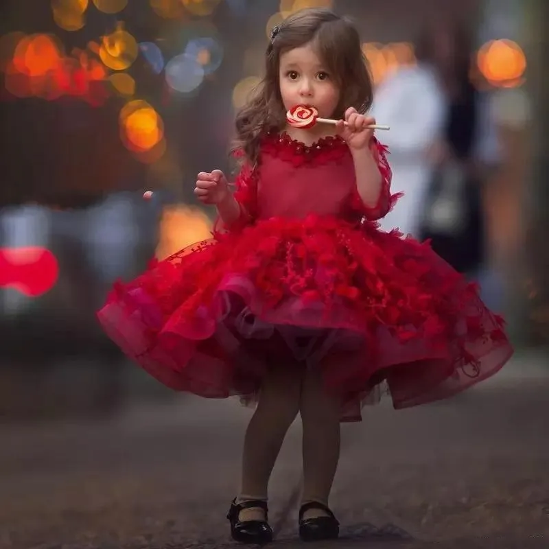 Lovely Red Flower Girl Dresses Long Sleeves Puffy Tulle Ball Gown First Holy Communion Dress Knee Length Custom Made