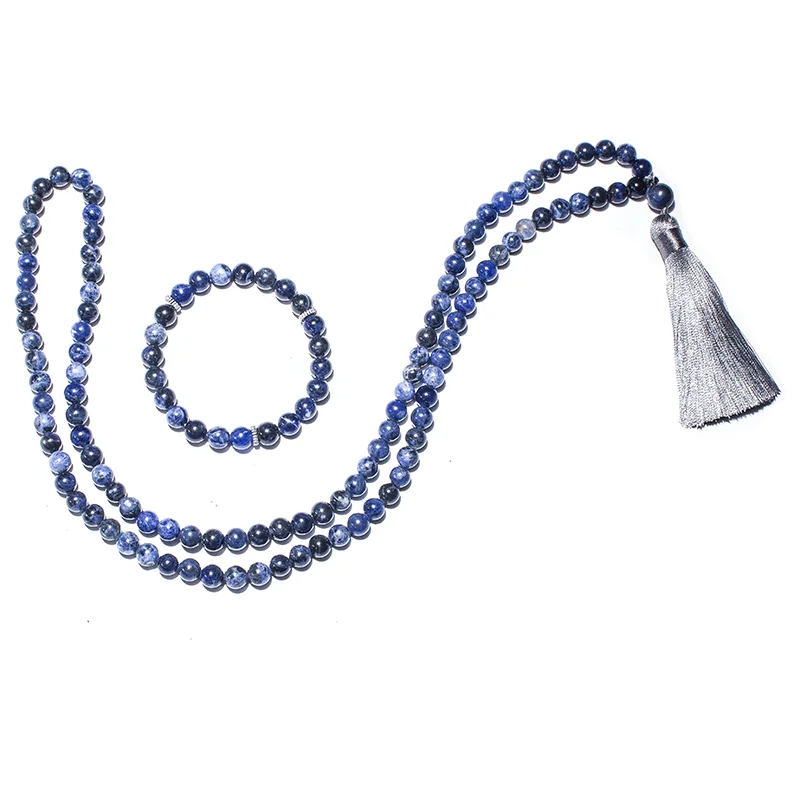 8mm Natural Sodalite Japamala Necklace Meditation Yoga Spirit Jewelry Set 108 Mala Beaded Women\'s Fashion Rosary Tassel Pendant